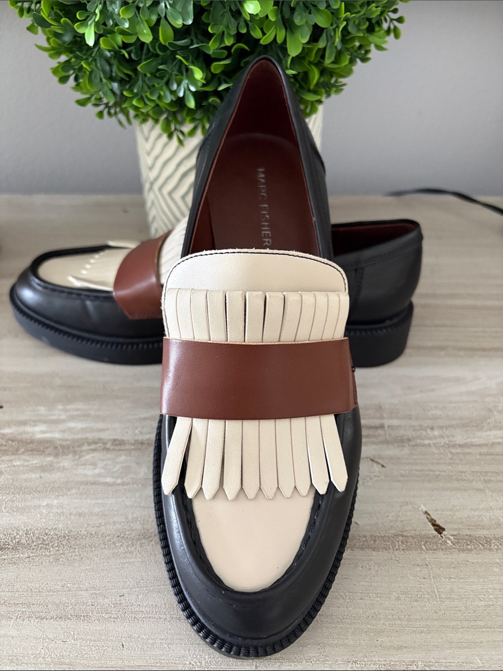 Marc Fisher Black Cream & Brown Leather Calixy Loafers